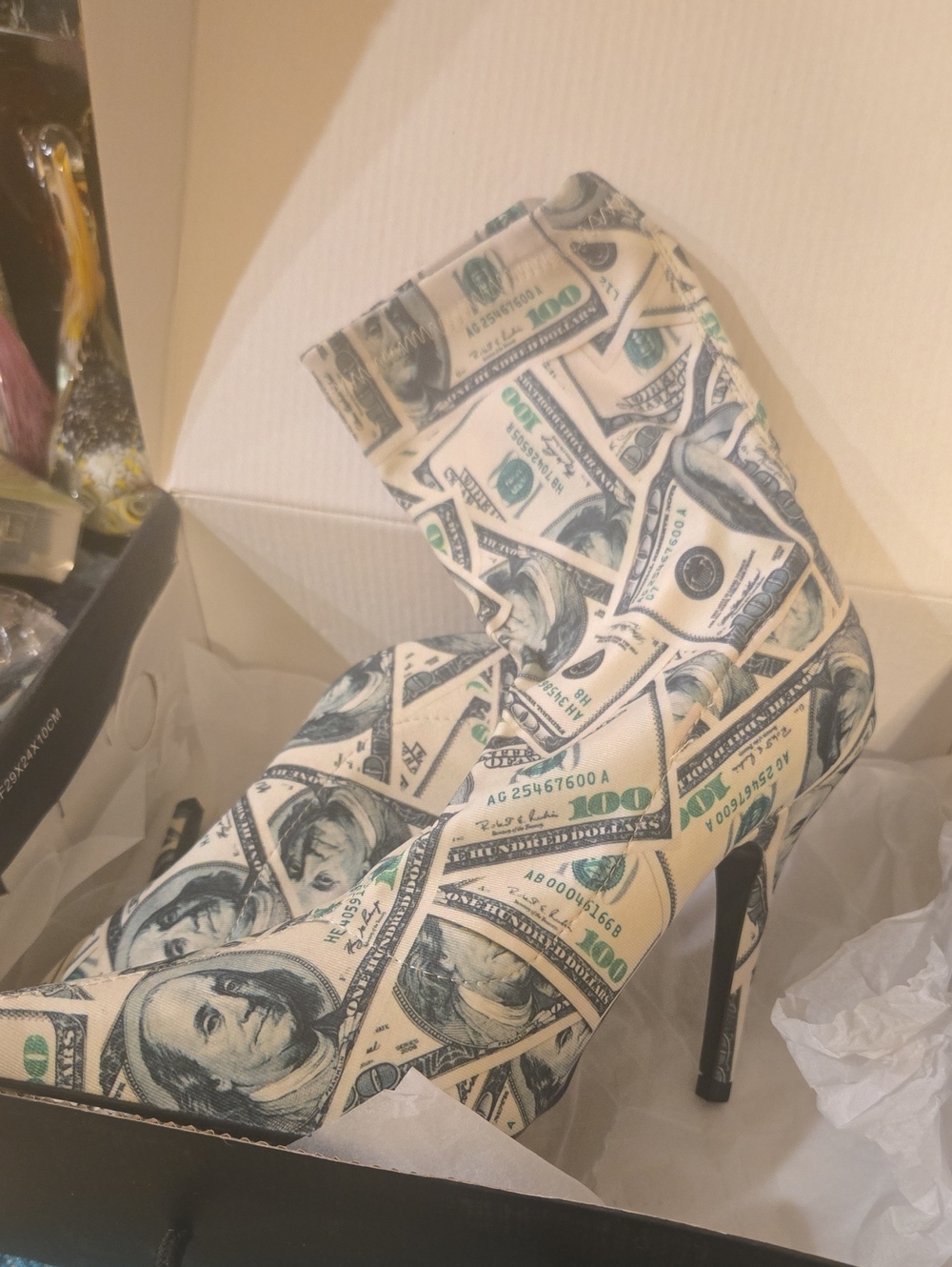 Fashion Nova Green and Cream Money-Print Stiletto Booties